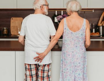 Senior couple together at home, happy moments - Elderly people taking care of each other, grandparents in love - concepts about elderly lifestyle and relationship